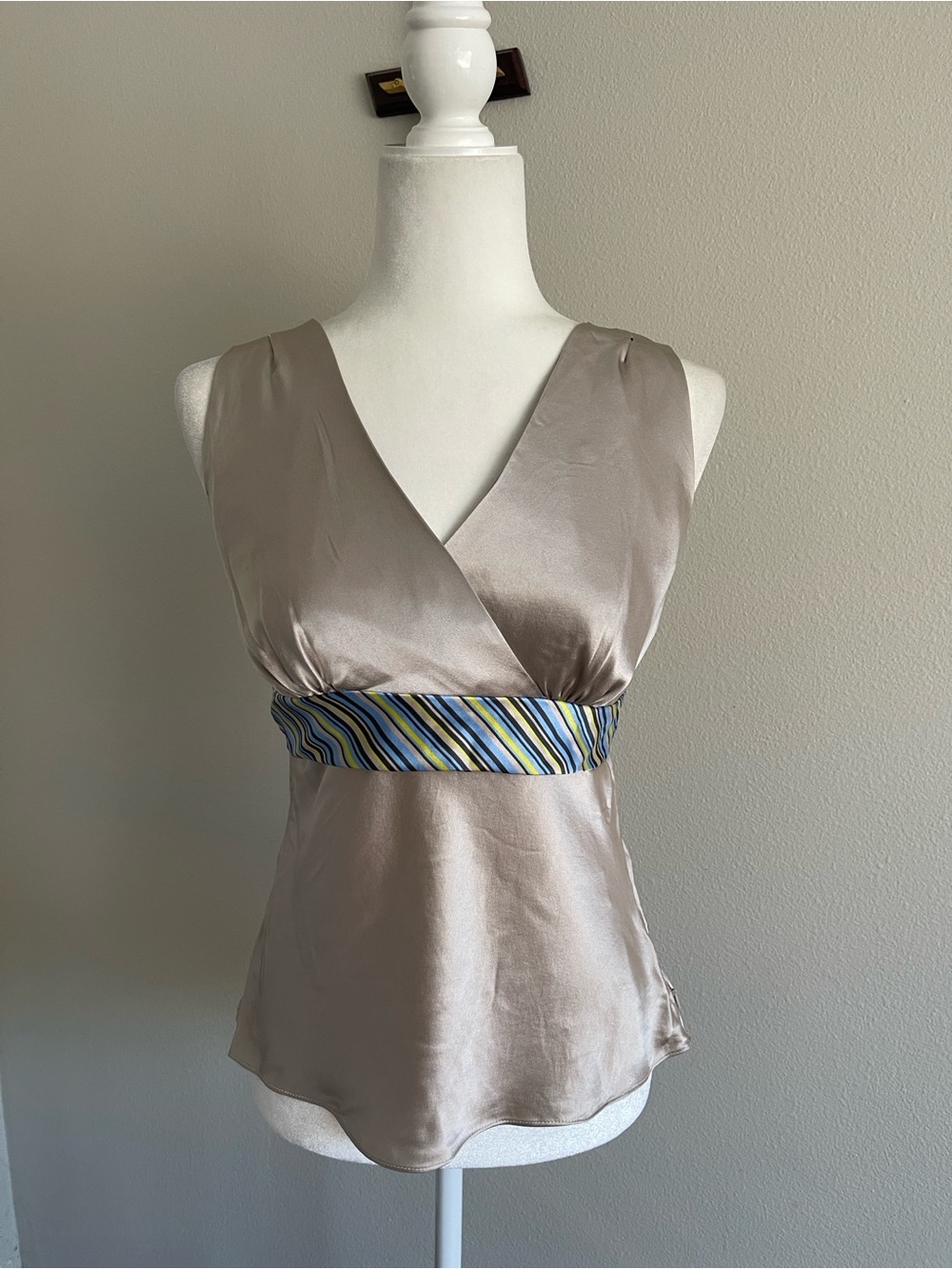 Silky Taupe V-Neck Sleeveless Top with Striped Waistband